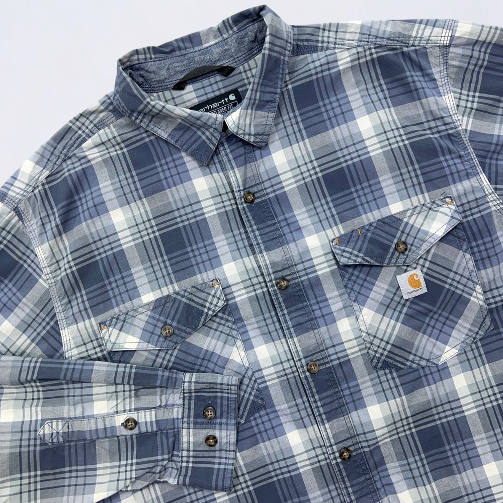 Carhartt Button Up Shirt Men's XL Blue Gray‎ Plaid Long Sleeve Relaxed Fit Work